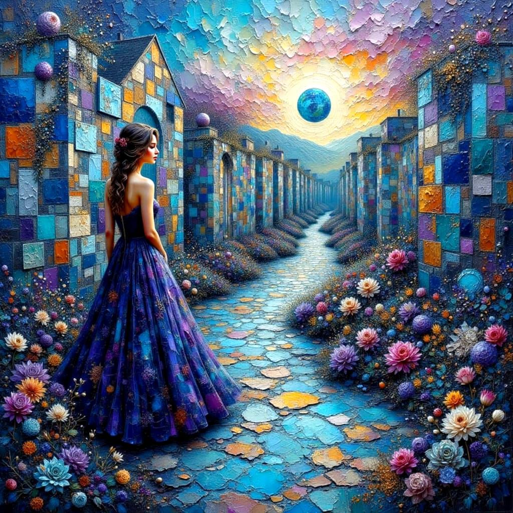 Colorful Cityscape with Textured Impasto Oil Painting