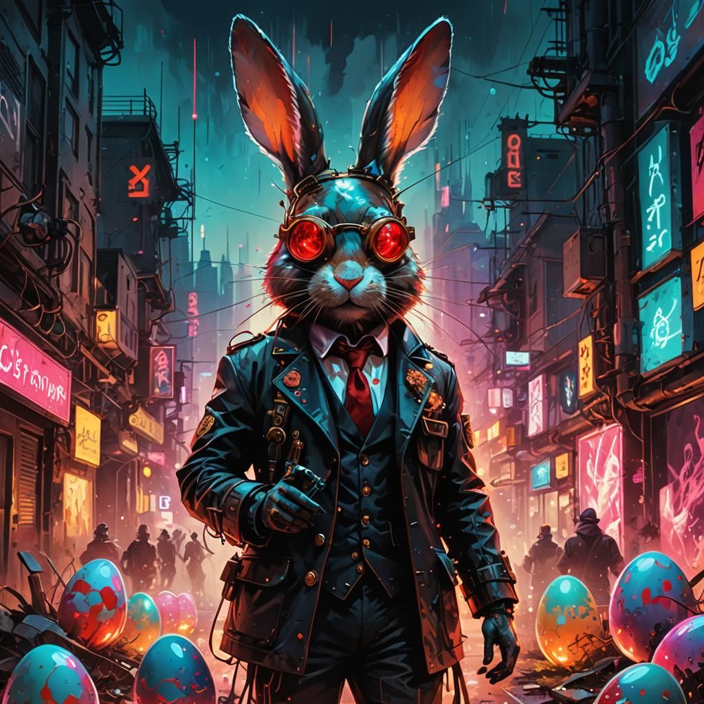 Steampunk Easter Bunny with Glowing Eyes and Neon Lights