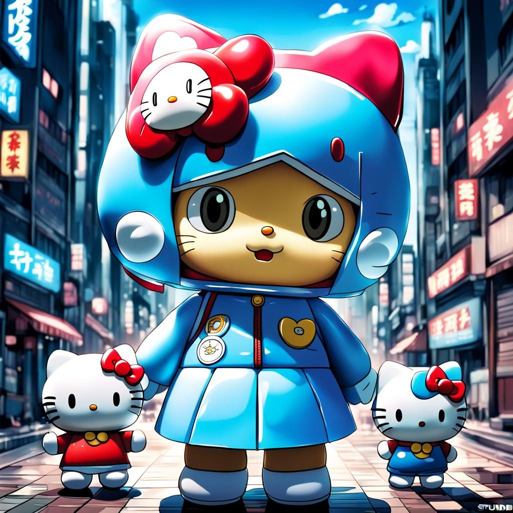 Doraemon and Hello Kitty Fusion in Anime Style