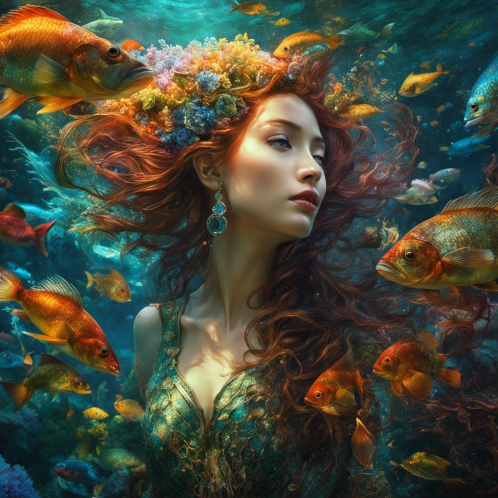 Glittery Mermaid in Underwater Fantasy Art