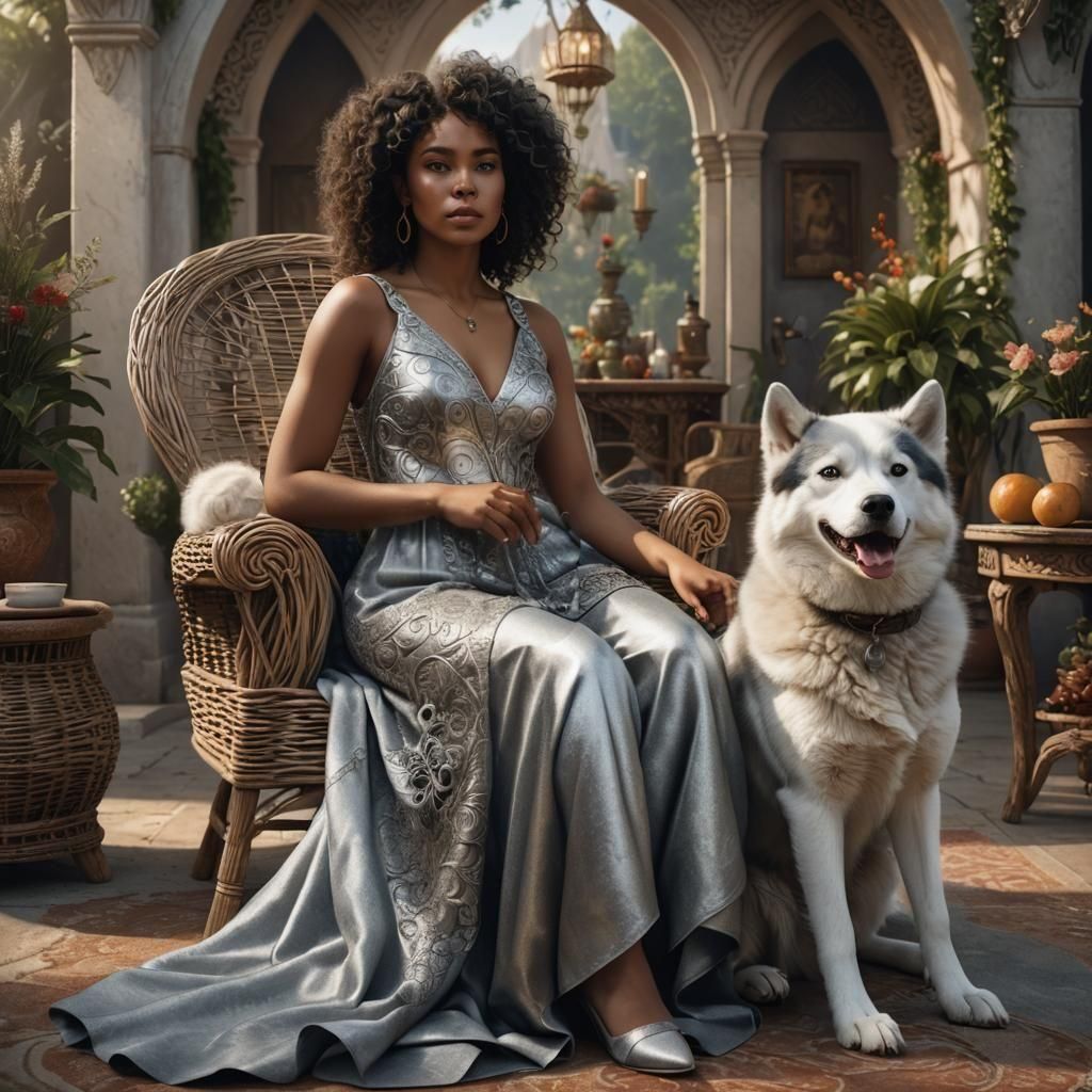 Elegant Woman with Husky Dog in Fantasy Art