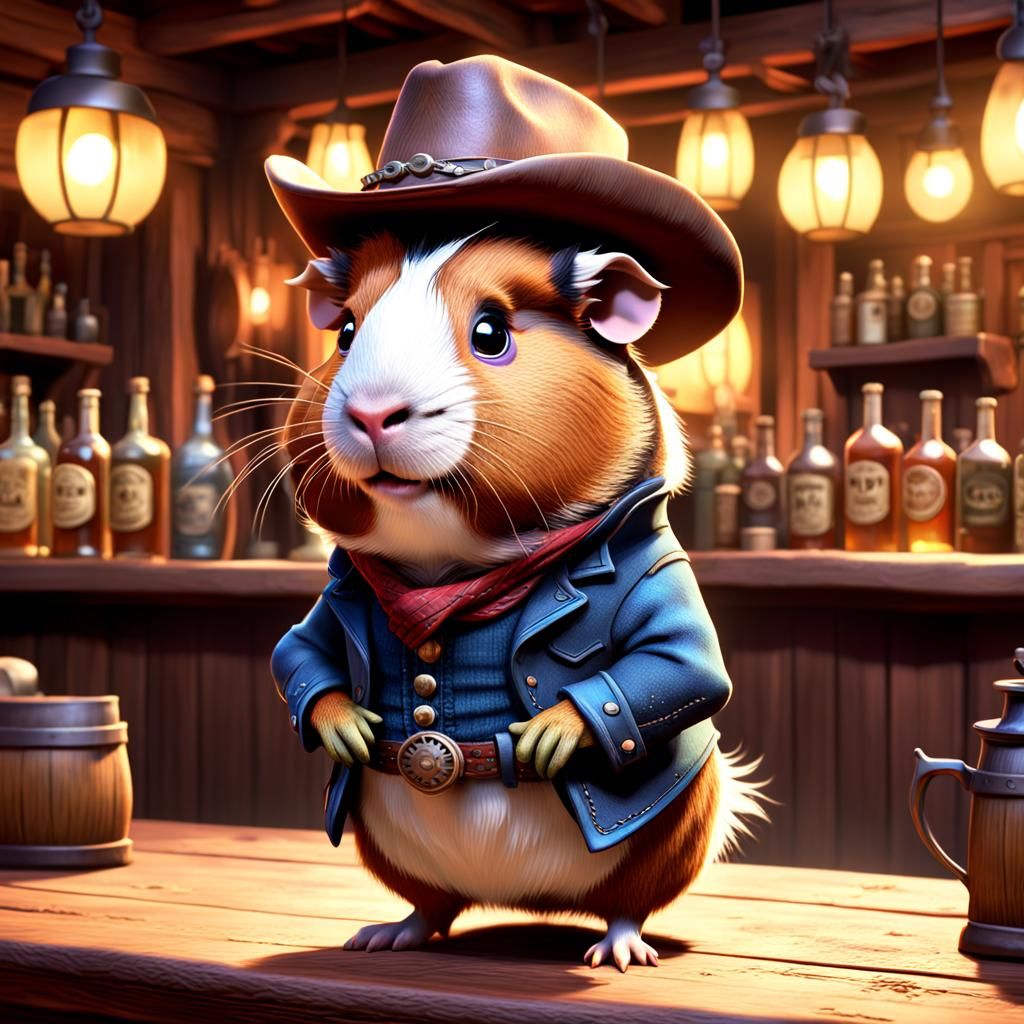 Guinea Pig Cowboy in Saloon: Pixar-Style 3D Art