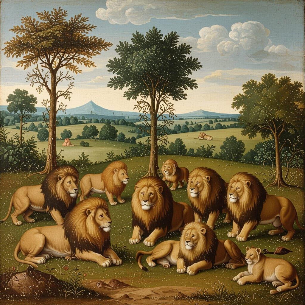 Lions in Country Park, Hieronymus Bosch Style