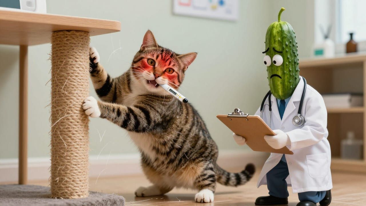 Feverish Cat Frantically Scratches While Doctor Cucumber Wor...