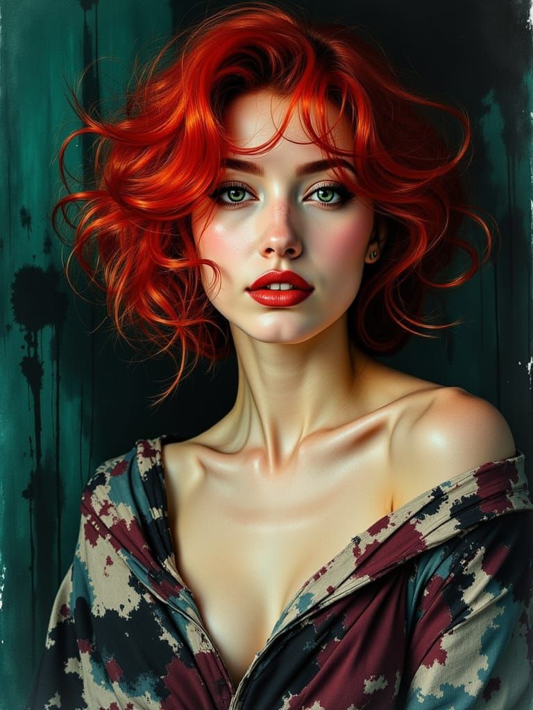 Vibrant Portrait of a Red-Haired Woman in a Teal Background