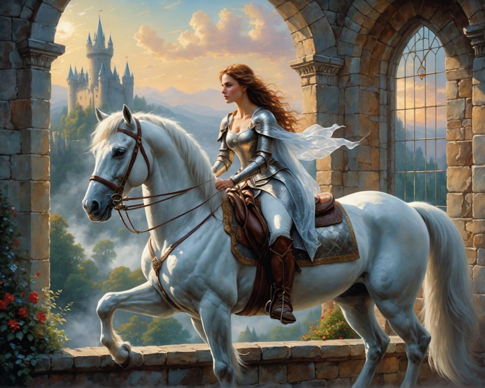 Dreaming Woman in Castle Window: Realistic Oil Painting