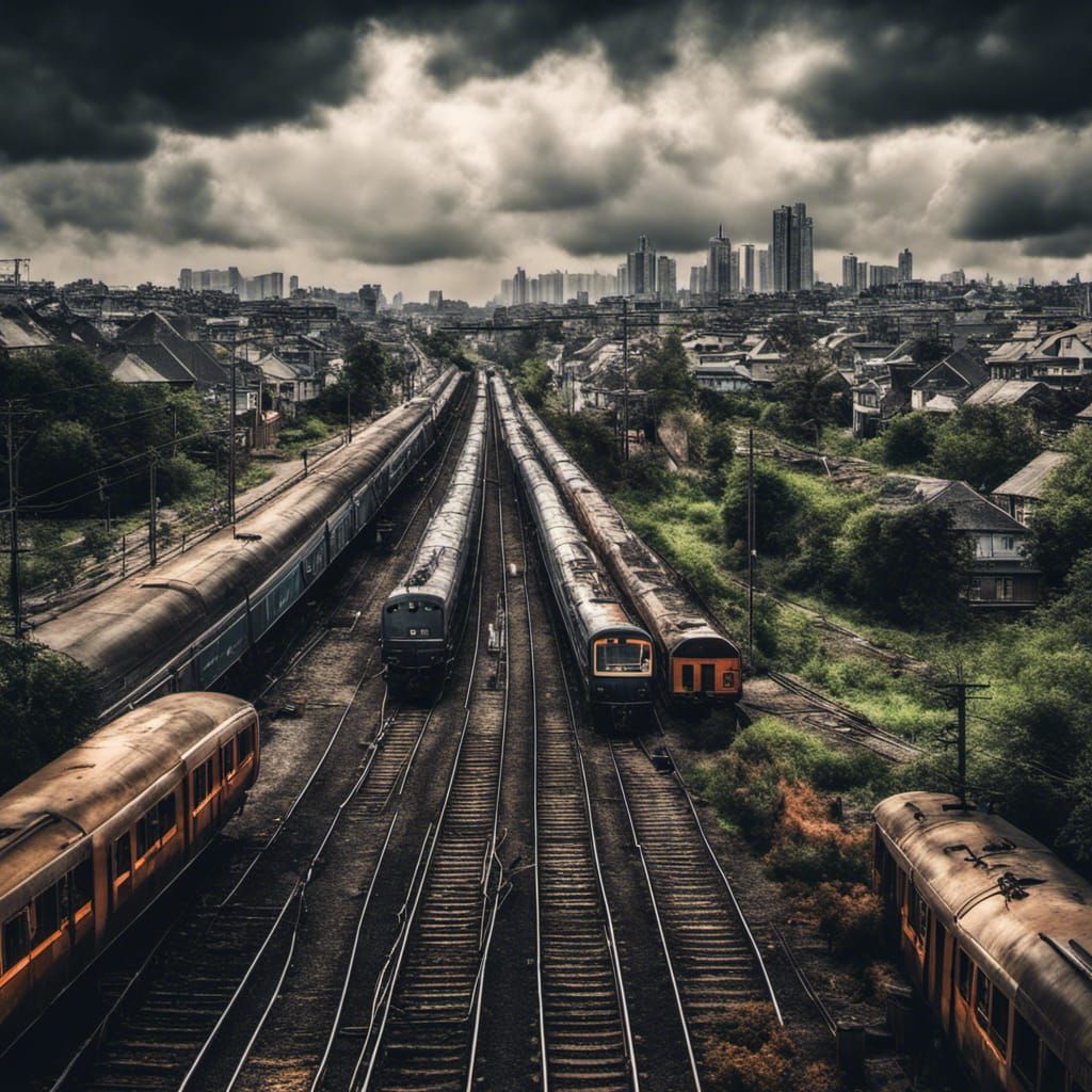 Hyperrealistic Suburban Train Yard at Twilight