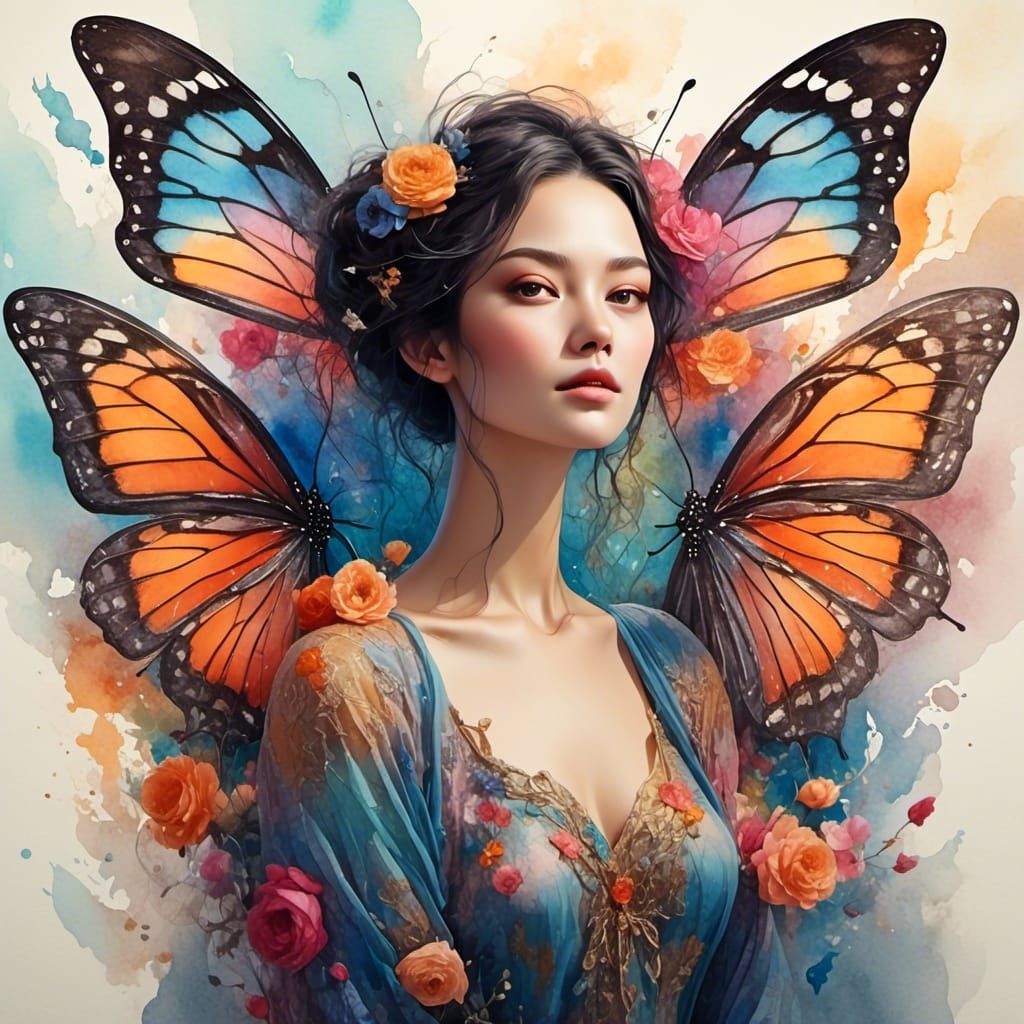 Butterfly Queen with Colorful Wings in Splash Art Style