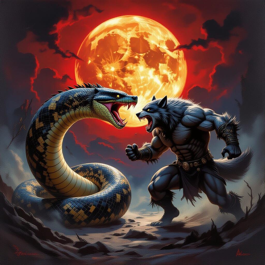 Massive Anaconda Battles Werewolf Under Red Moon