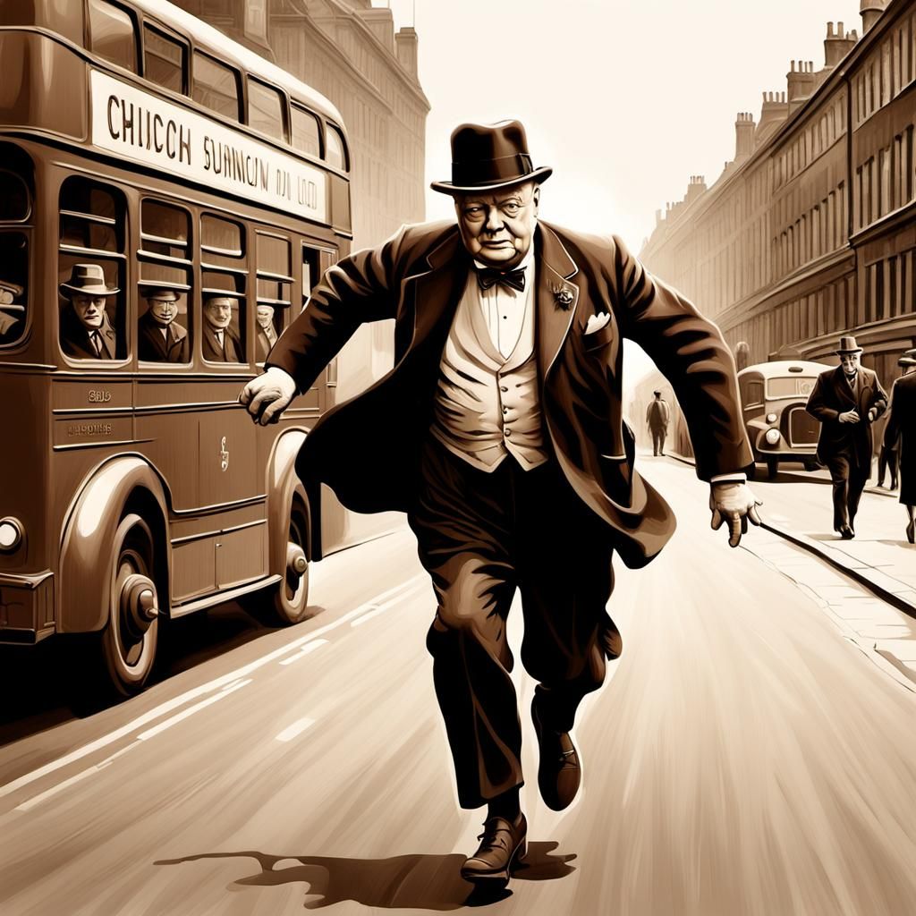 Churchill's Bus Chase: Hyperrealistic Sepia Tone Portrait