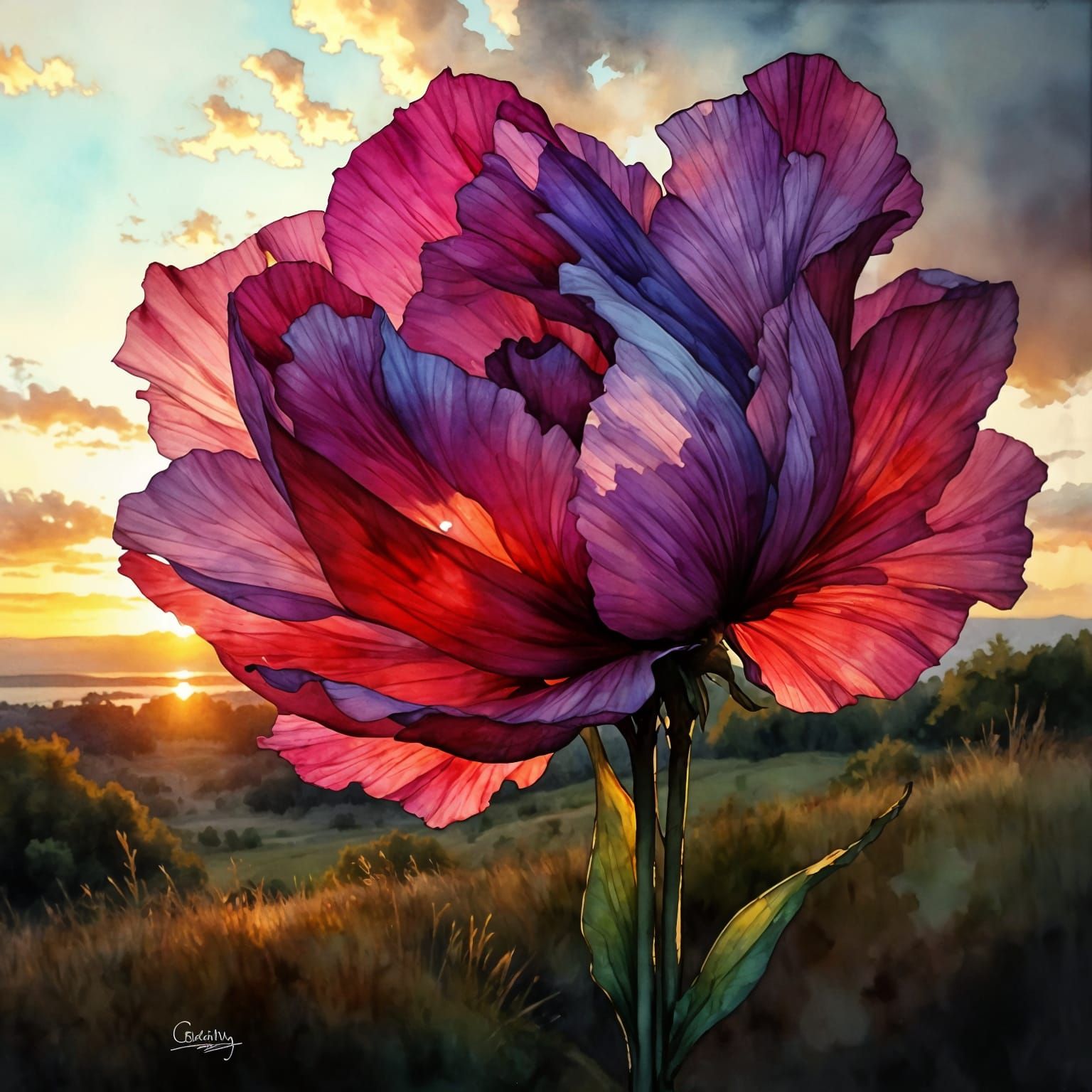 Watercolor Painting of a Tulip-Poppy Flower