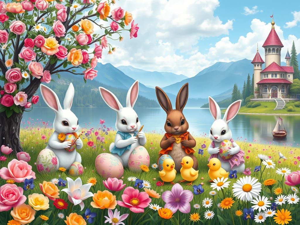 Chibi Easter Bunnies Painting Eggs in Flower Field