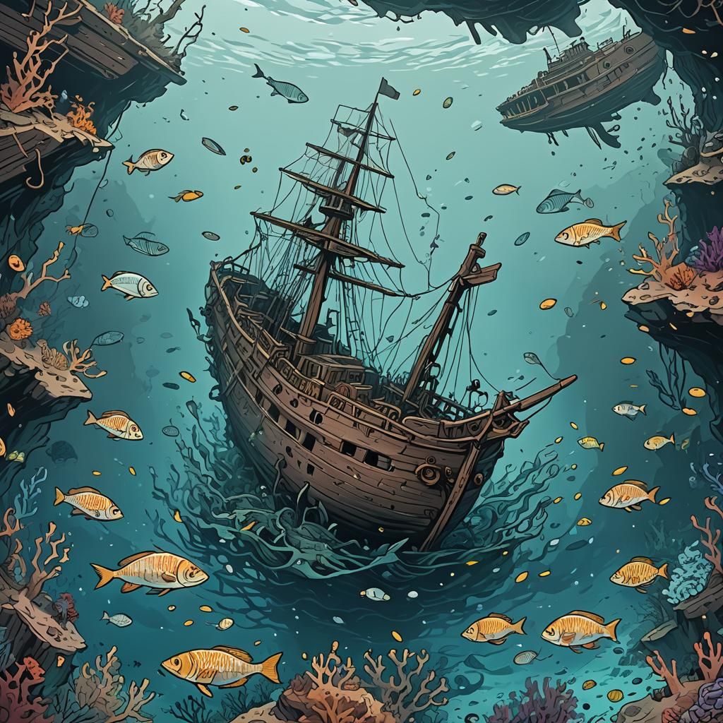 Shipwreck Vector Outline on Seabed: Detailed Matte Painting