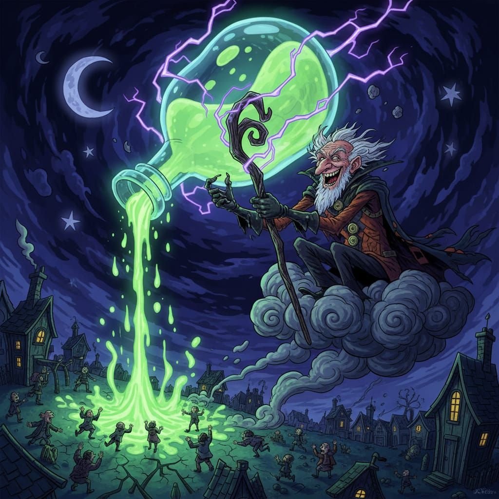 Wizard Pours Radioactive Potion on Village in Tim Burton Sty...
