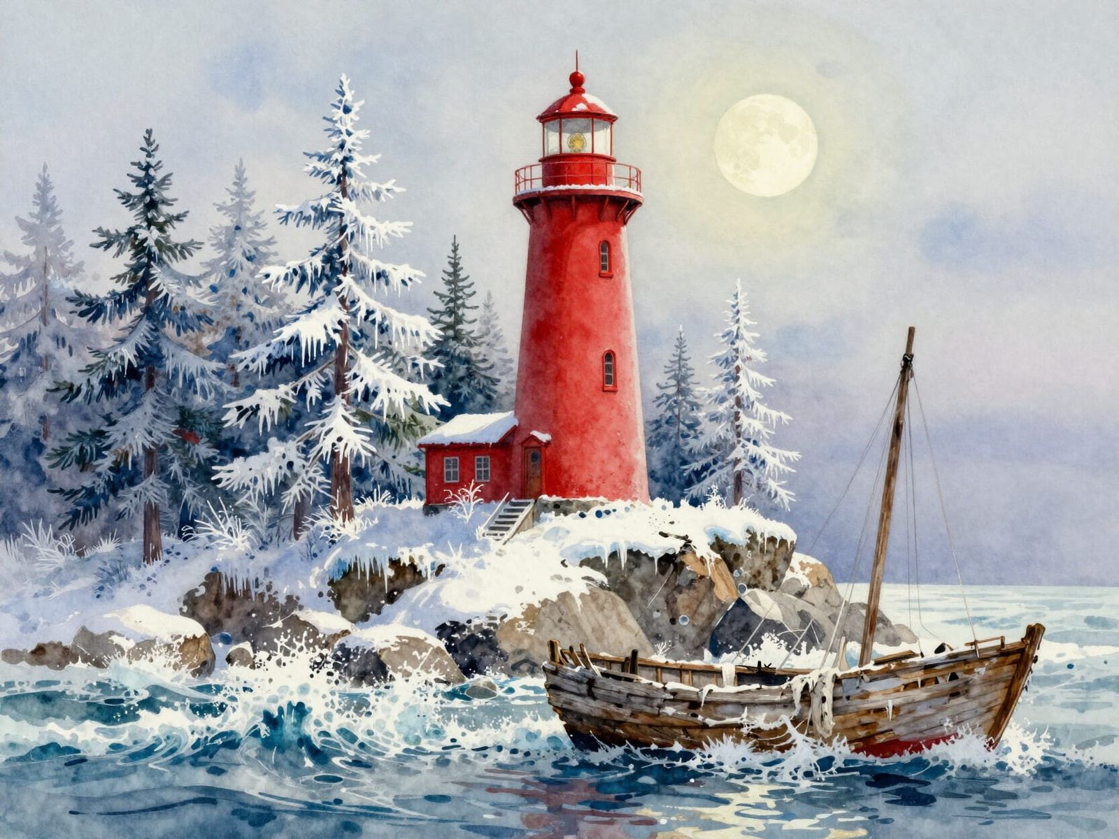 Majestic Red Lighthouse in Winter Wonderland