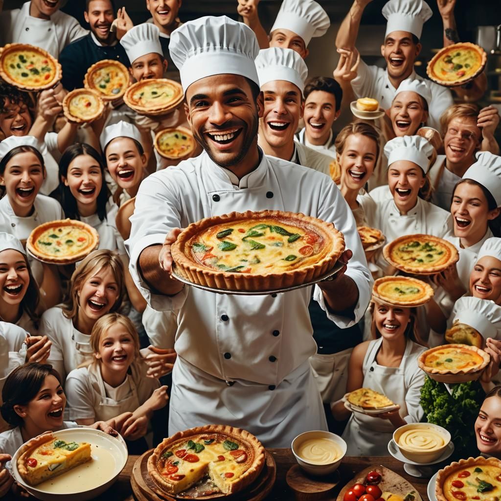 Hyper-Realistic Quiche Still Life with Smiling Chef