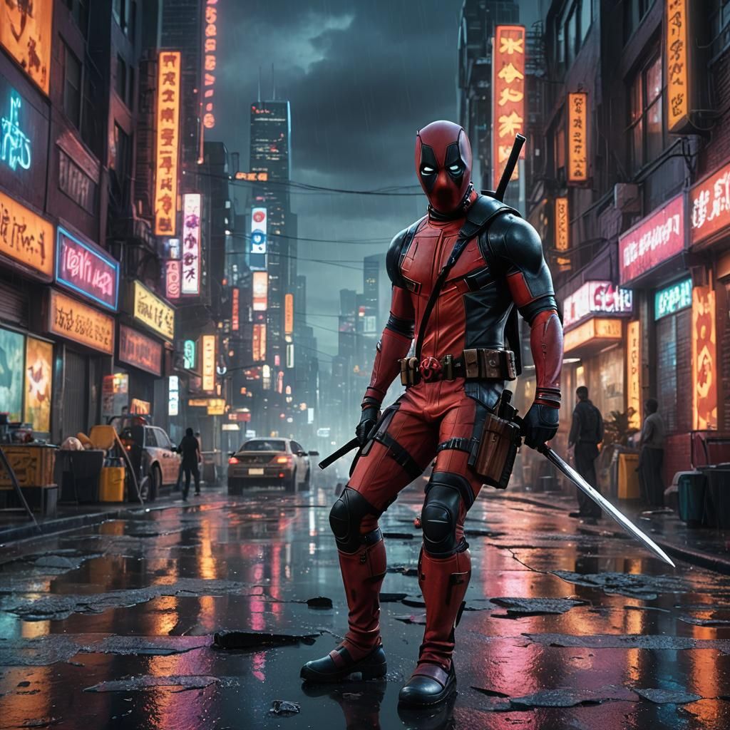 Deadpool in Apocalyptic Cityscape with Katana