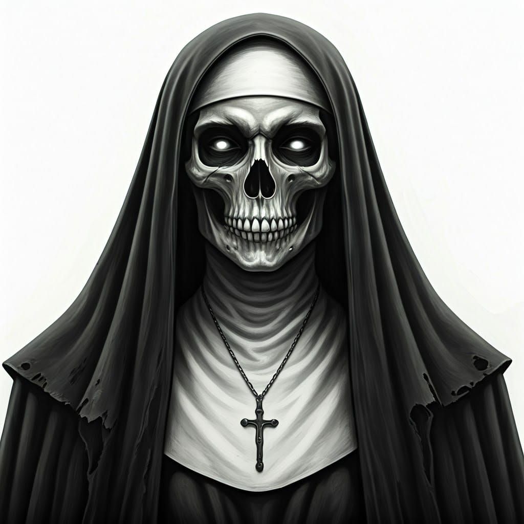 Serene Nun with Skull Face in Charcoal Drawing