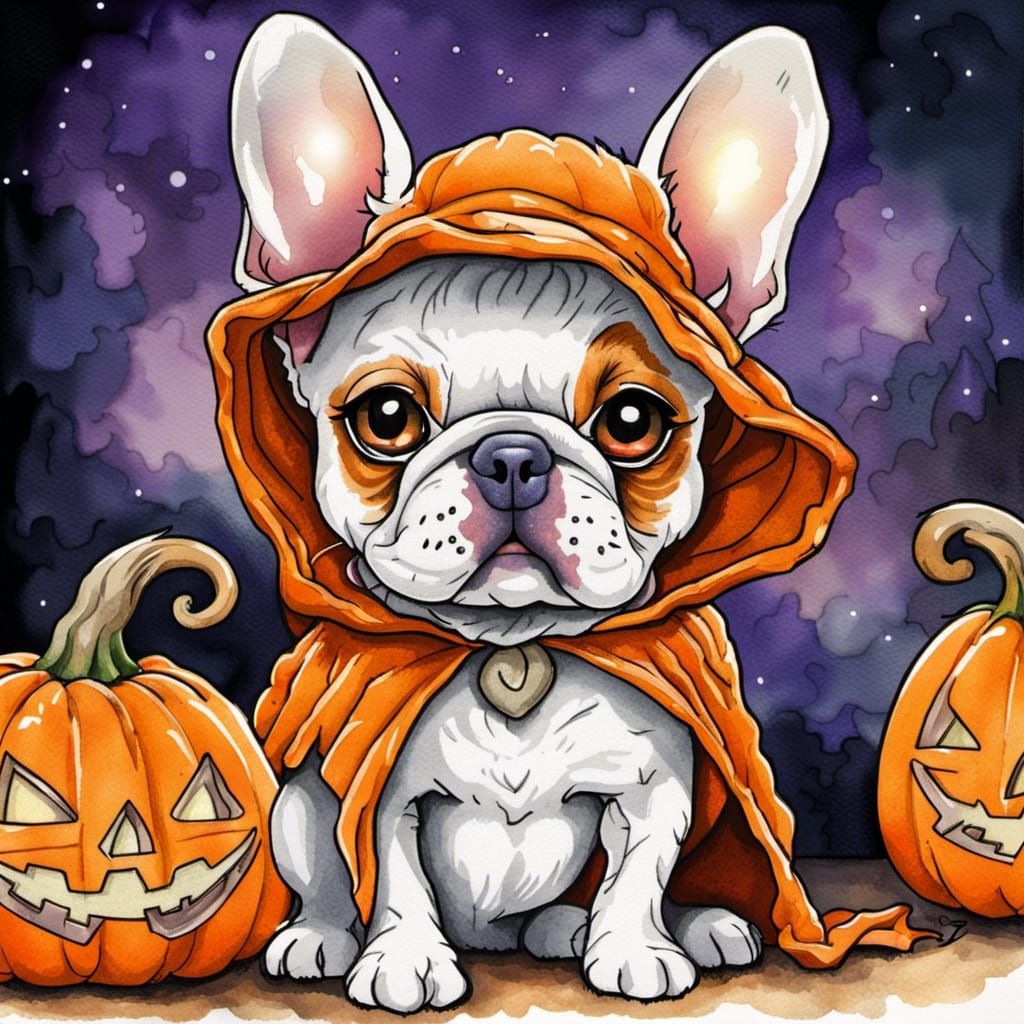 Frenchie Dog as Halloween Pumpkin, Watercolor Ink Drawing