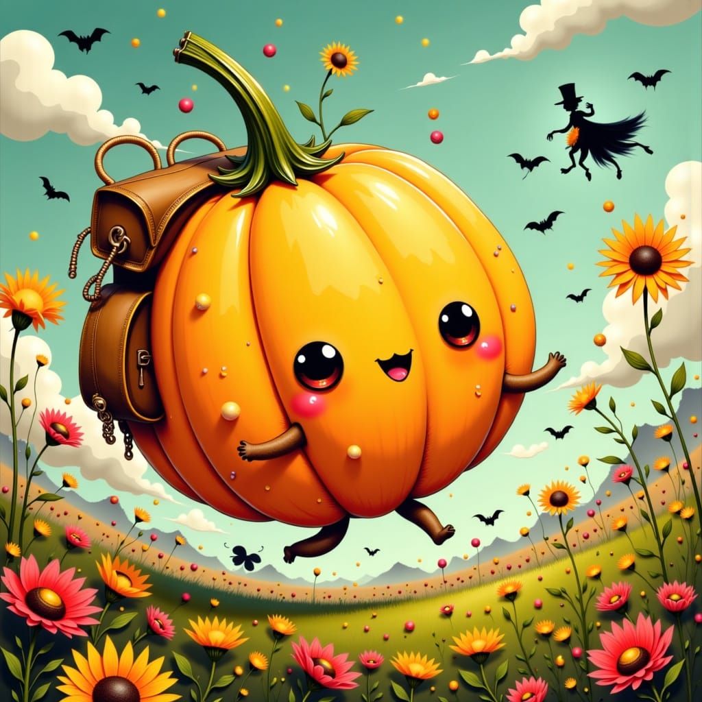 Kawaii Pumpkin Flees Headless Horseman in Whimsical Landscap...