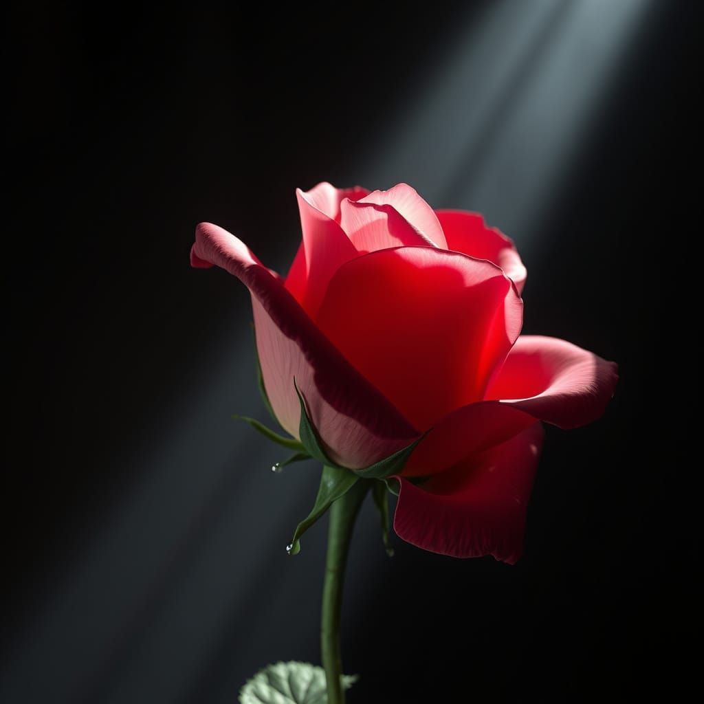 Rose in Beam of Light as Baroque Oil Painting