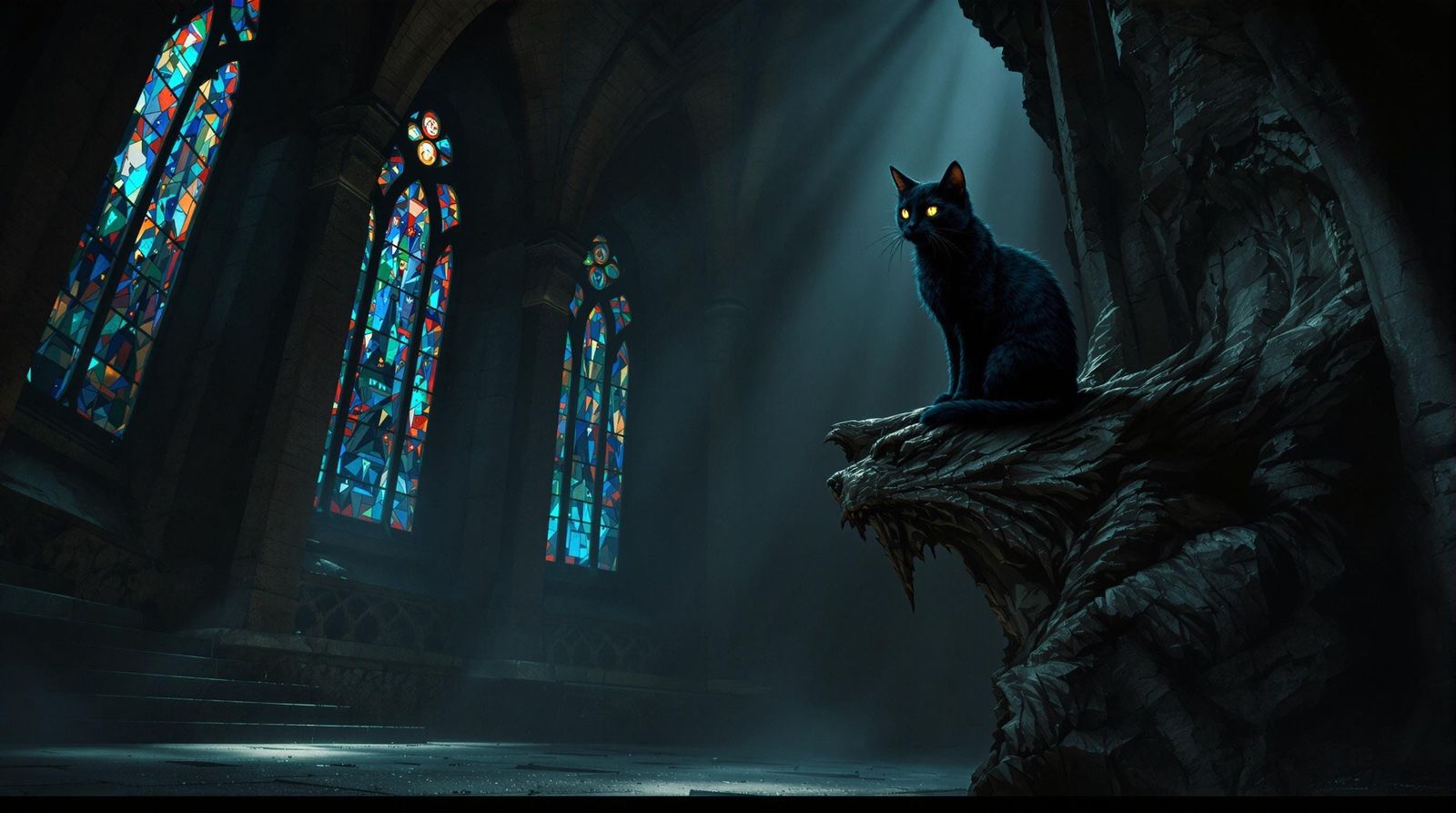 Dark Fantasy Cat Perched on Gargoyle in Gothic Cathedral