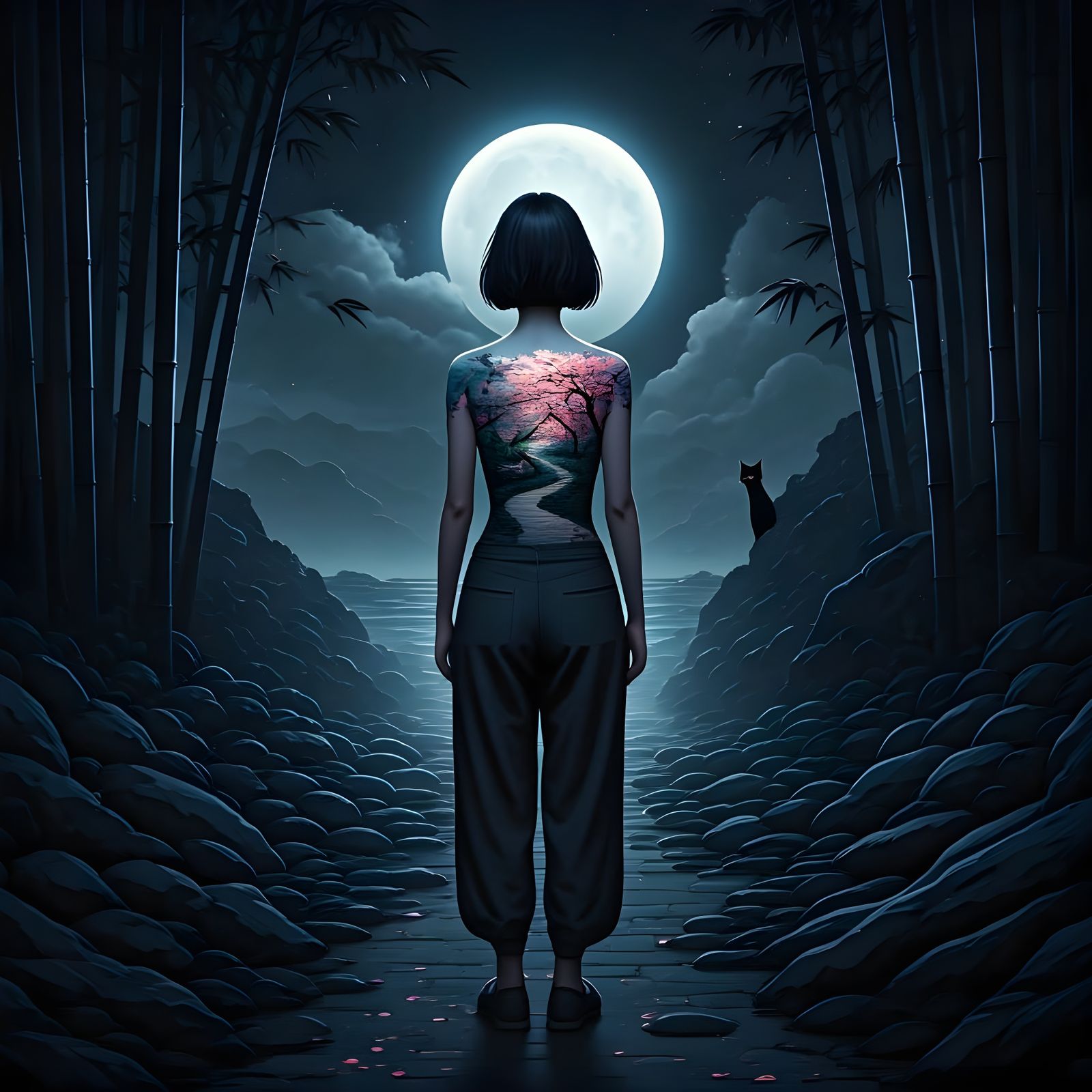 Ethereal Woman Adorned in Traditional Tattoo Style Under a D...