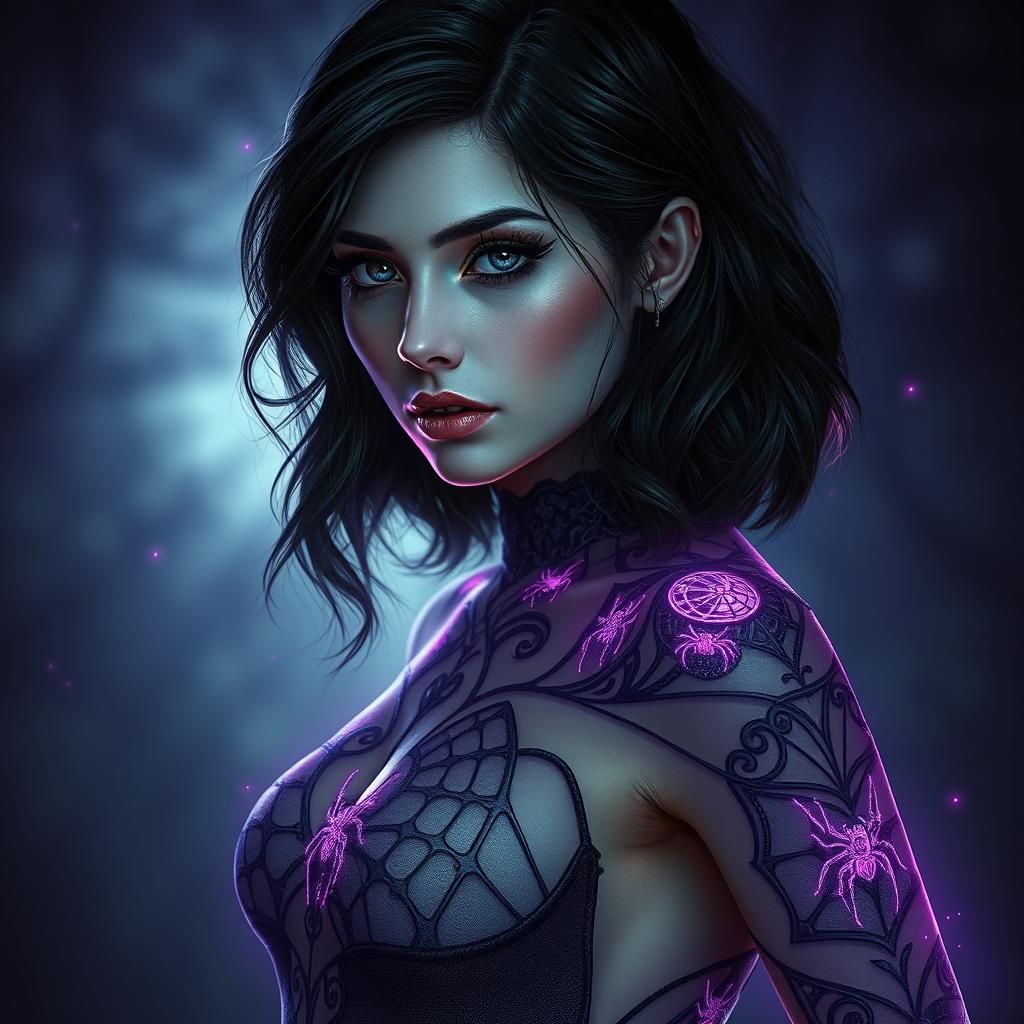 Gothic Woman in Spider Web Bodysuit: Dark Fantasy Art