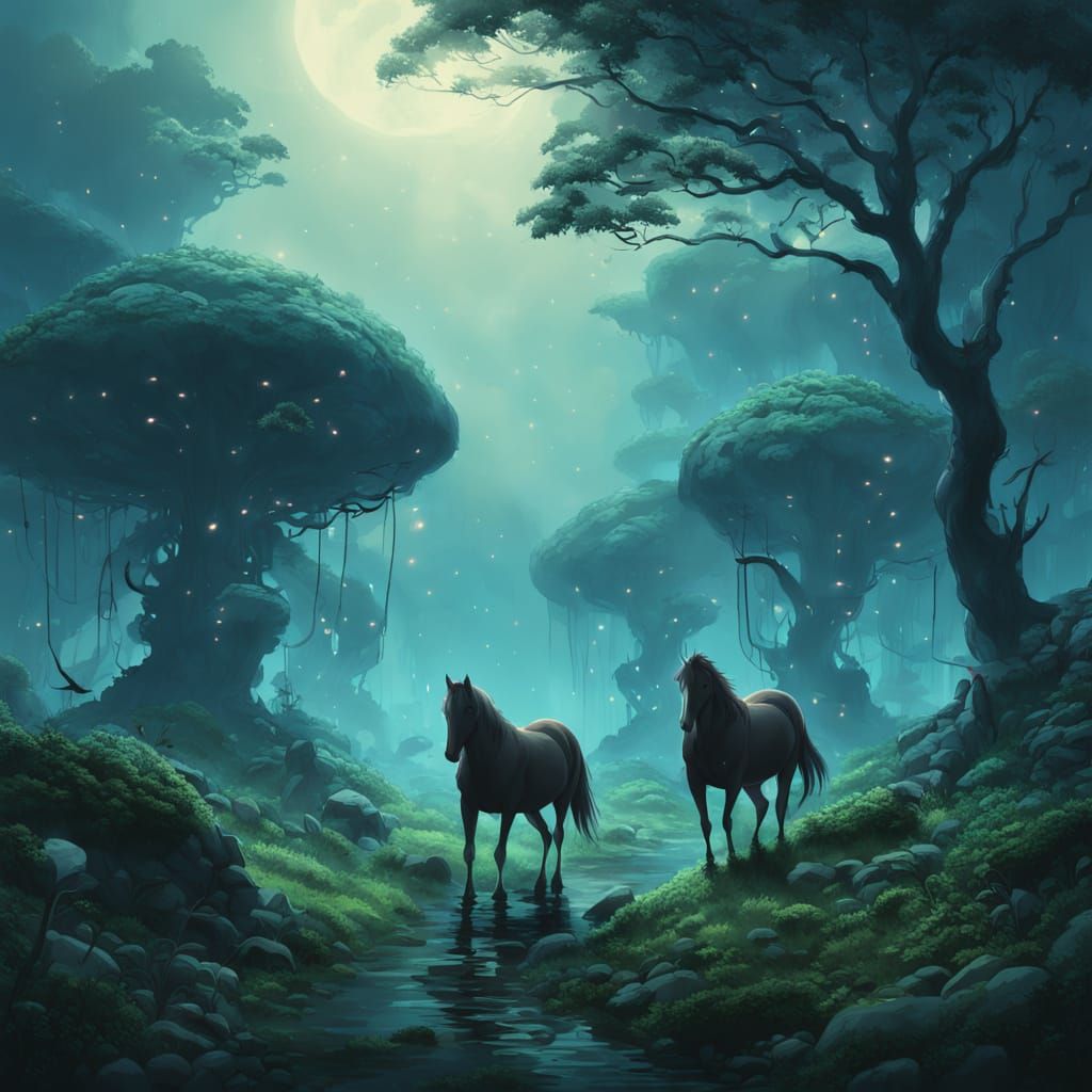 Ethereal Horses Made of Spores in Whimsical Anime Landscape