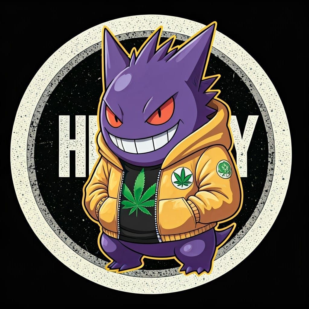 Anime Gengar with Cannabis Emblem in Graffiti Style