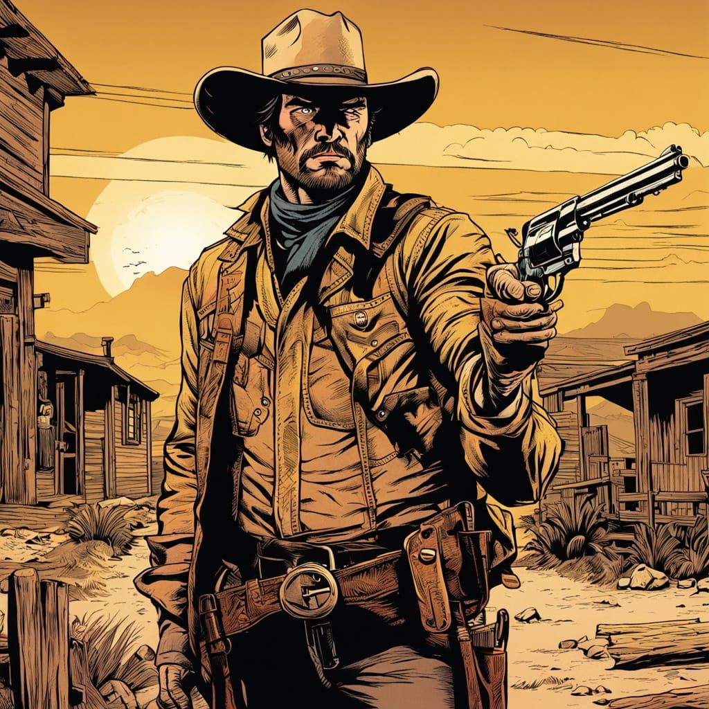 Cowboy with Revolver in Desert Town: Western Comic Art