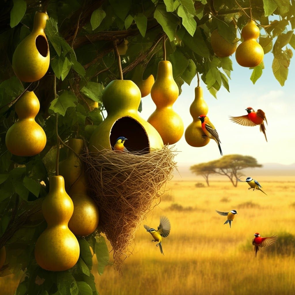 Bird Community Nesting in Hanging Gourds