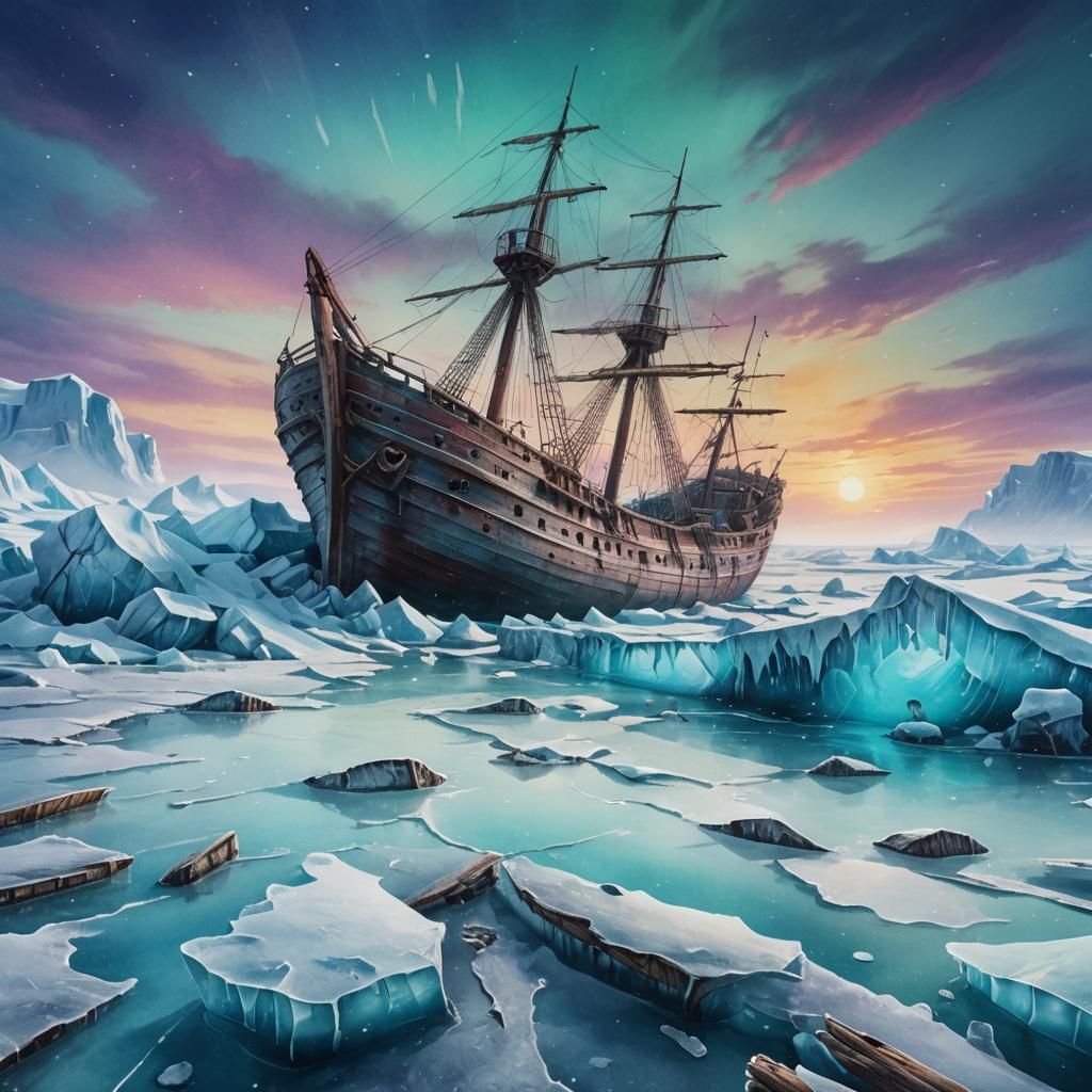 Arctic Shipwreck in Frozen Landscape: Watercolor Painting
