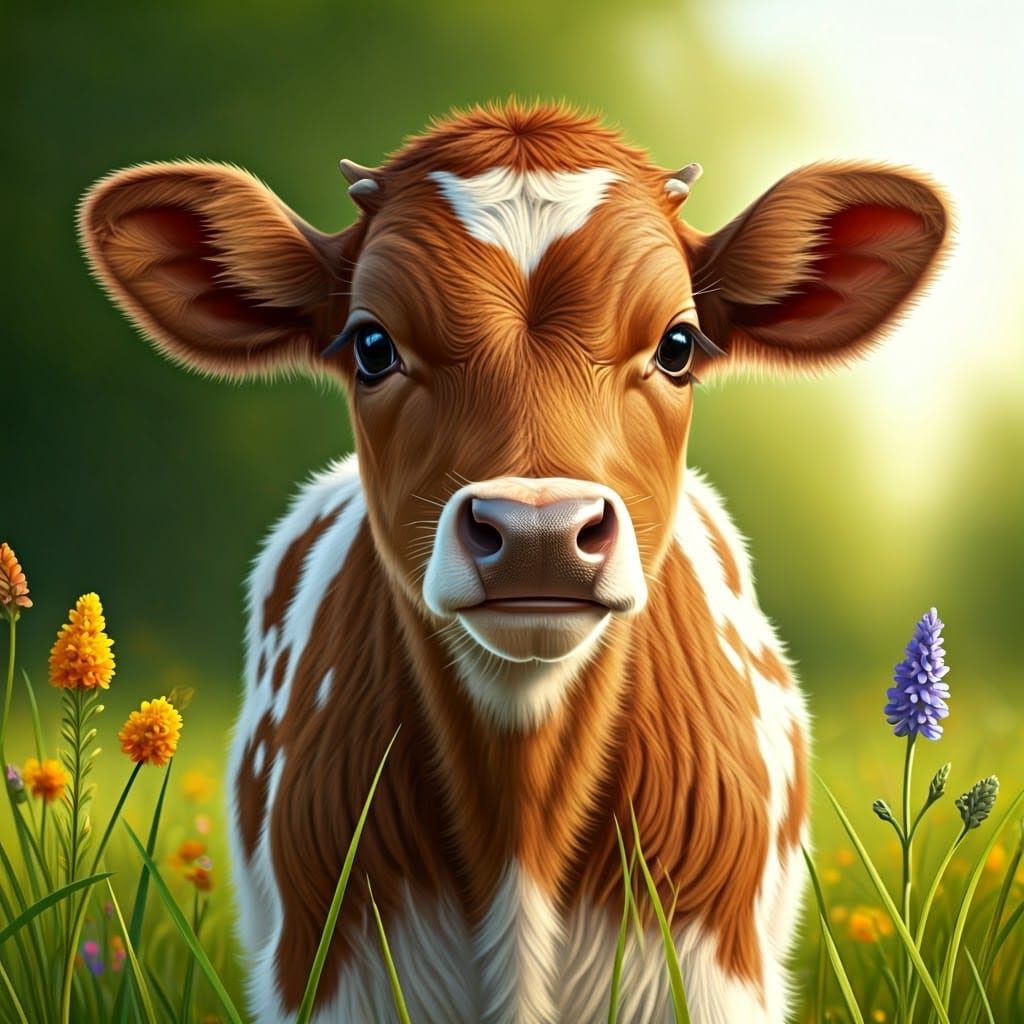 Smiling Calf in Meadow, Rococo Style