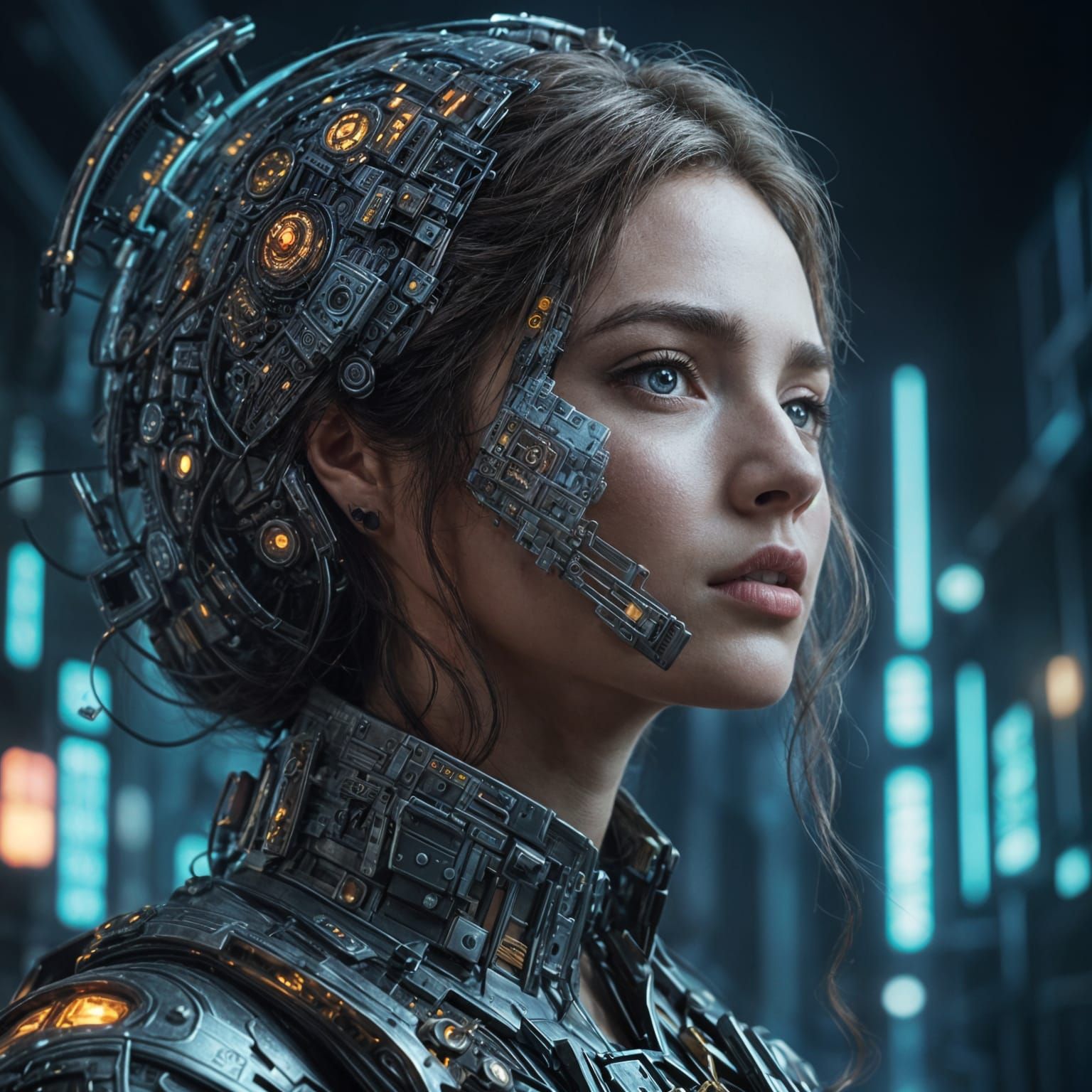 Cyberpunk Portrait of Woman with Glowing Circuitry