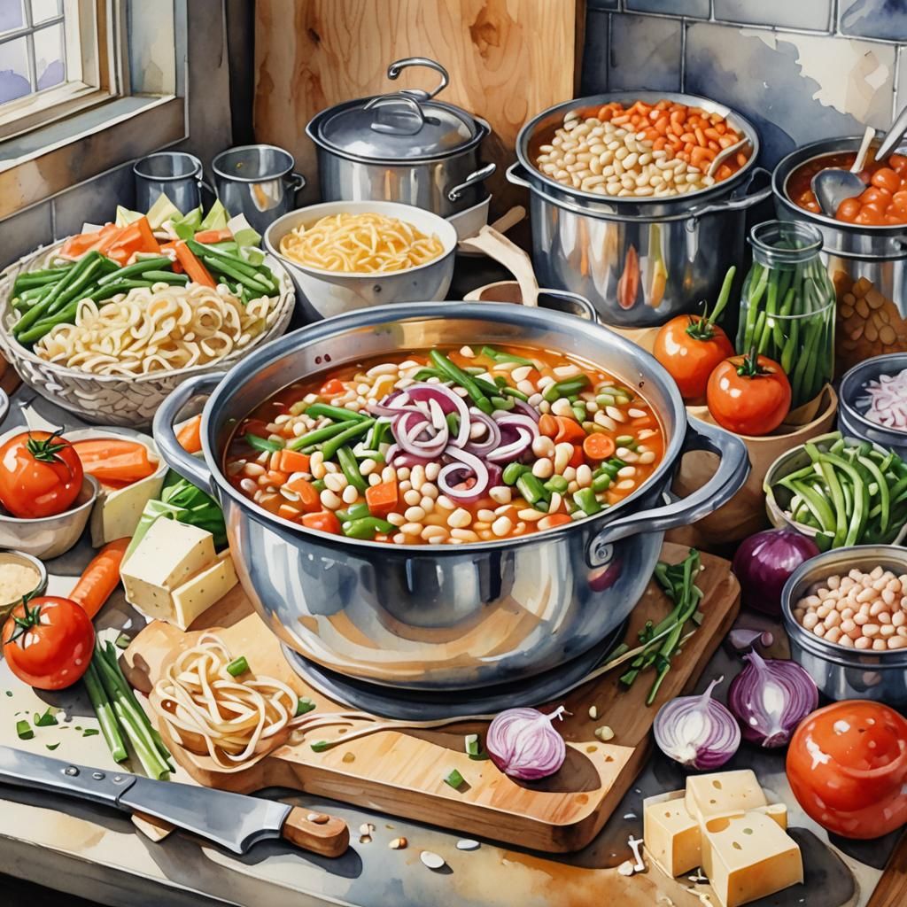 Still Life of Minestrone Ingredients in Watercolor