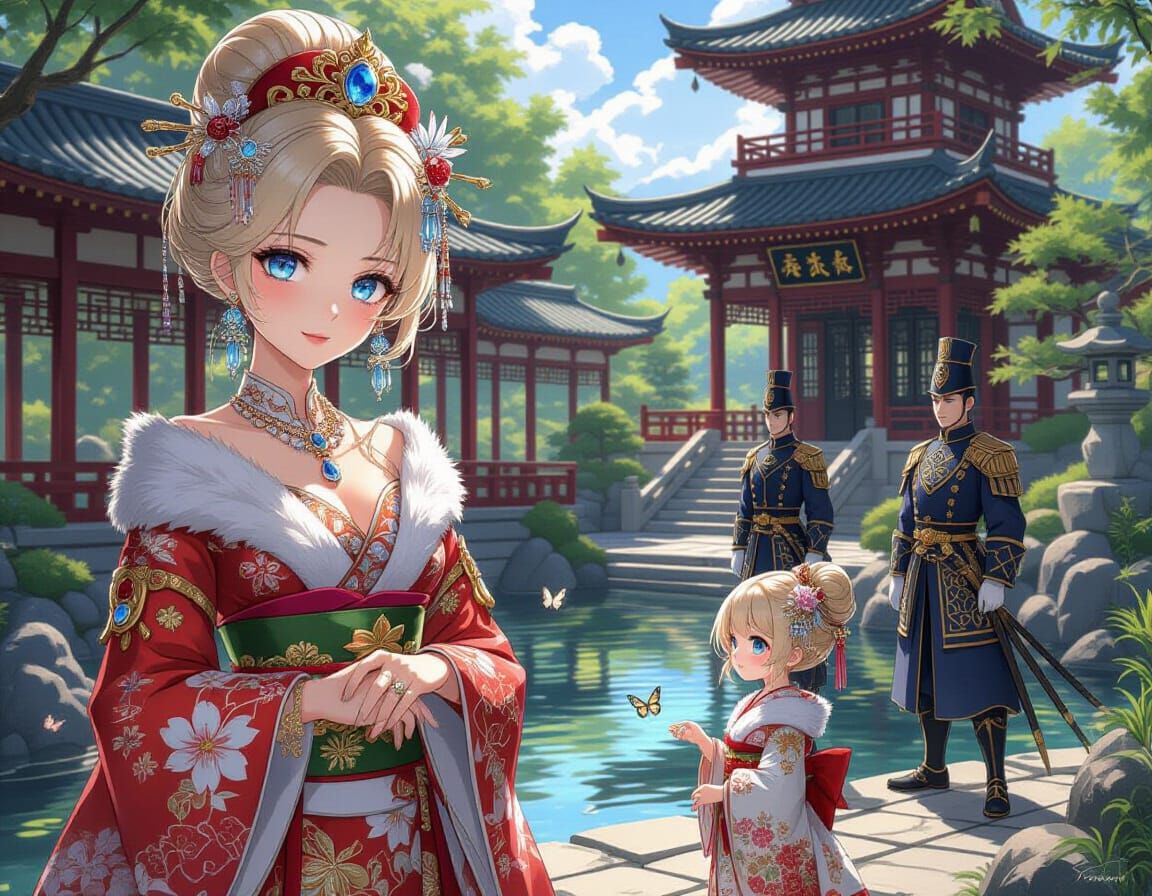 Queen and Princess in Tea Garden: 3D Anime Art