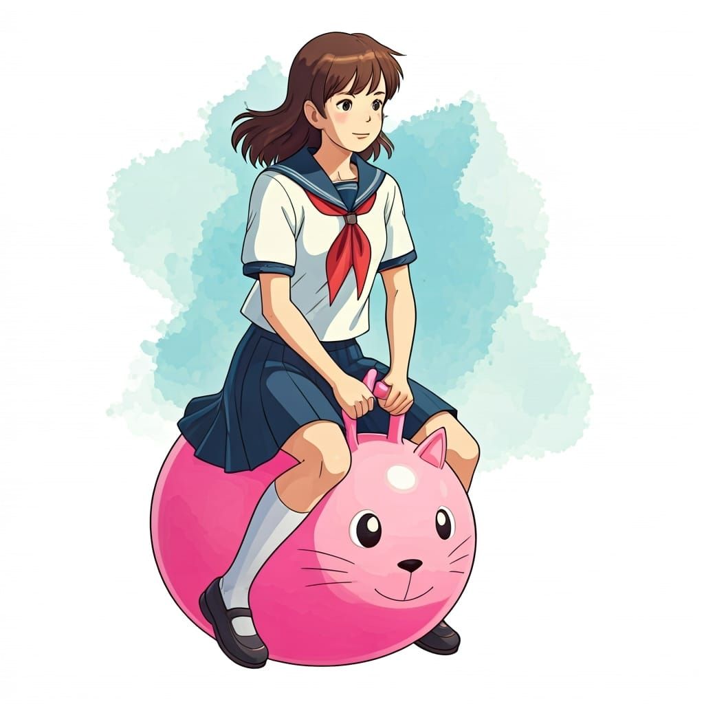 Schoolgirl on Neko Hopper in Ghibli Style