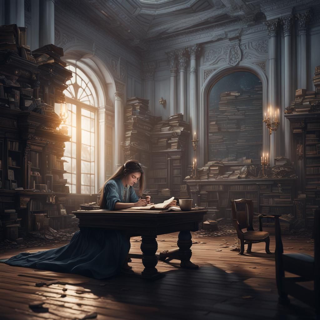 Tired Girl Studying History: Matte Painting
