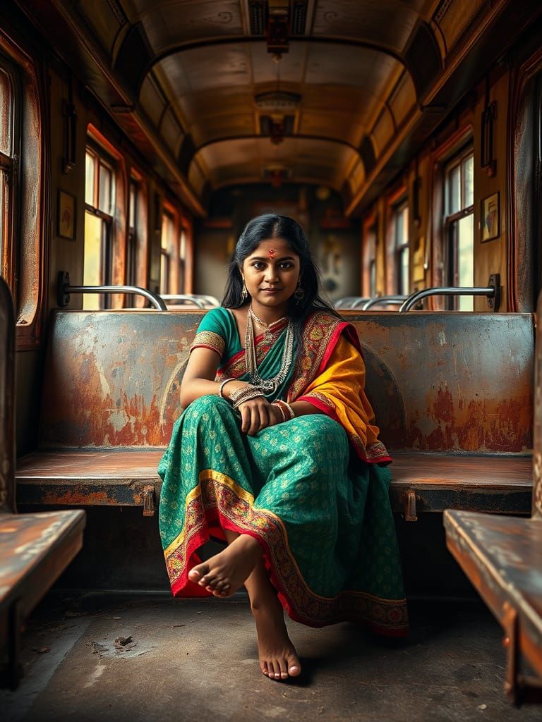 Indian Woman in Vintage Train Carriage, Colorful Salwar Kame...