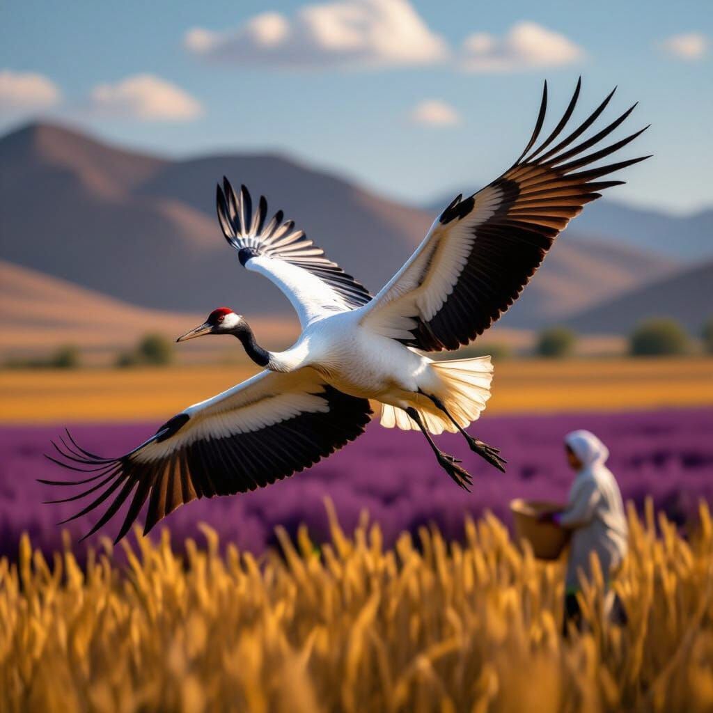 Common Crane in Flight over Saffron Fields