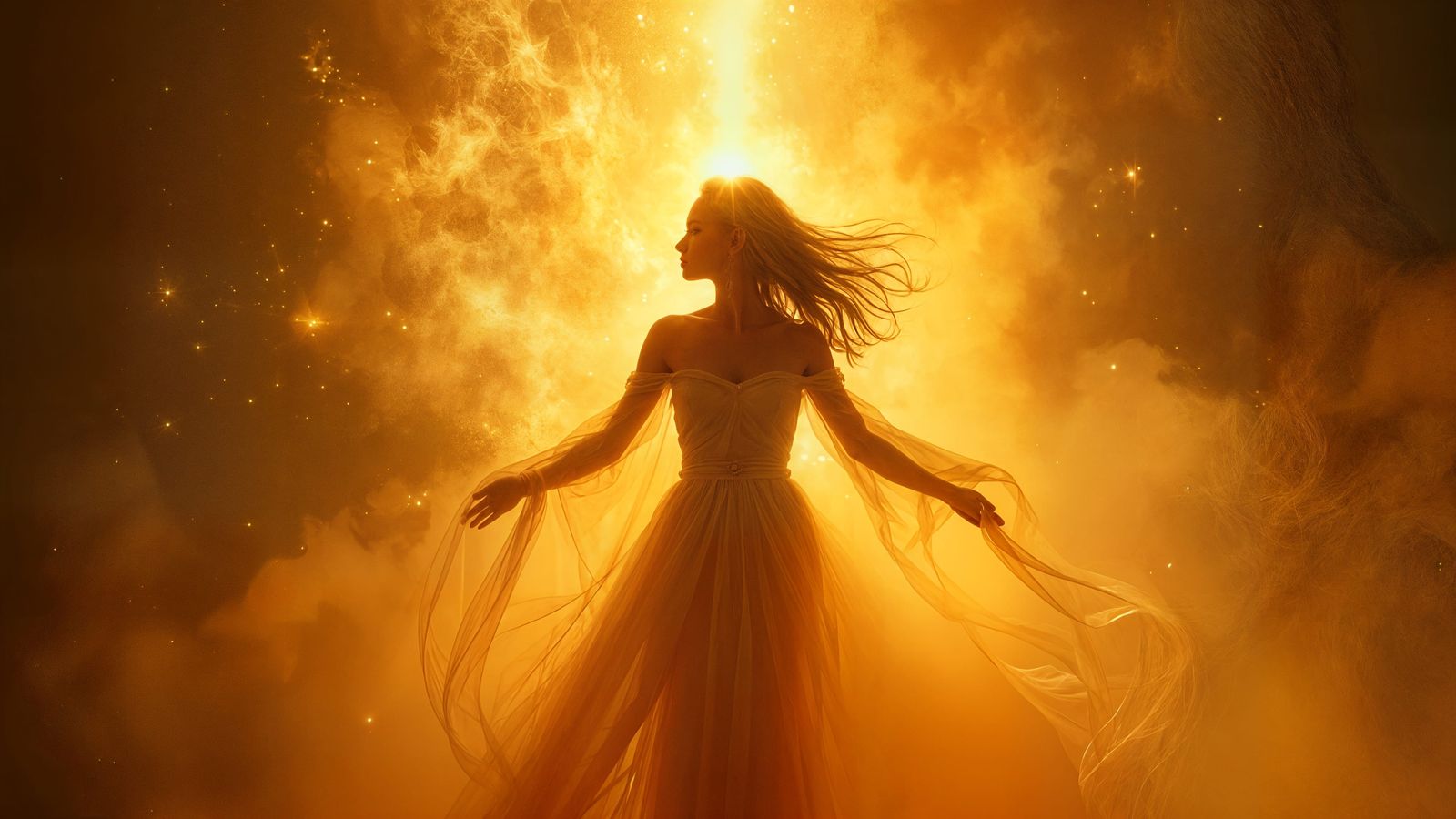 Woman Radiating Golden Light and Aura