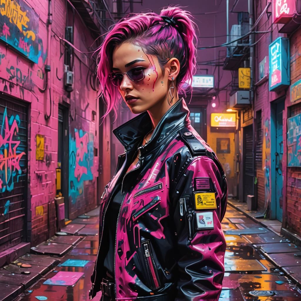 Cyberpunk Alleyway Encounter in Vibrant Gouache Style