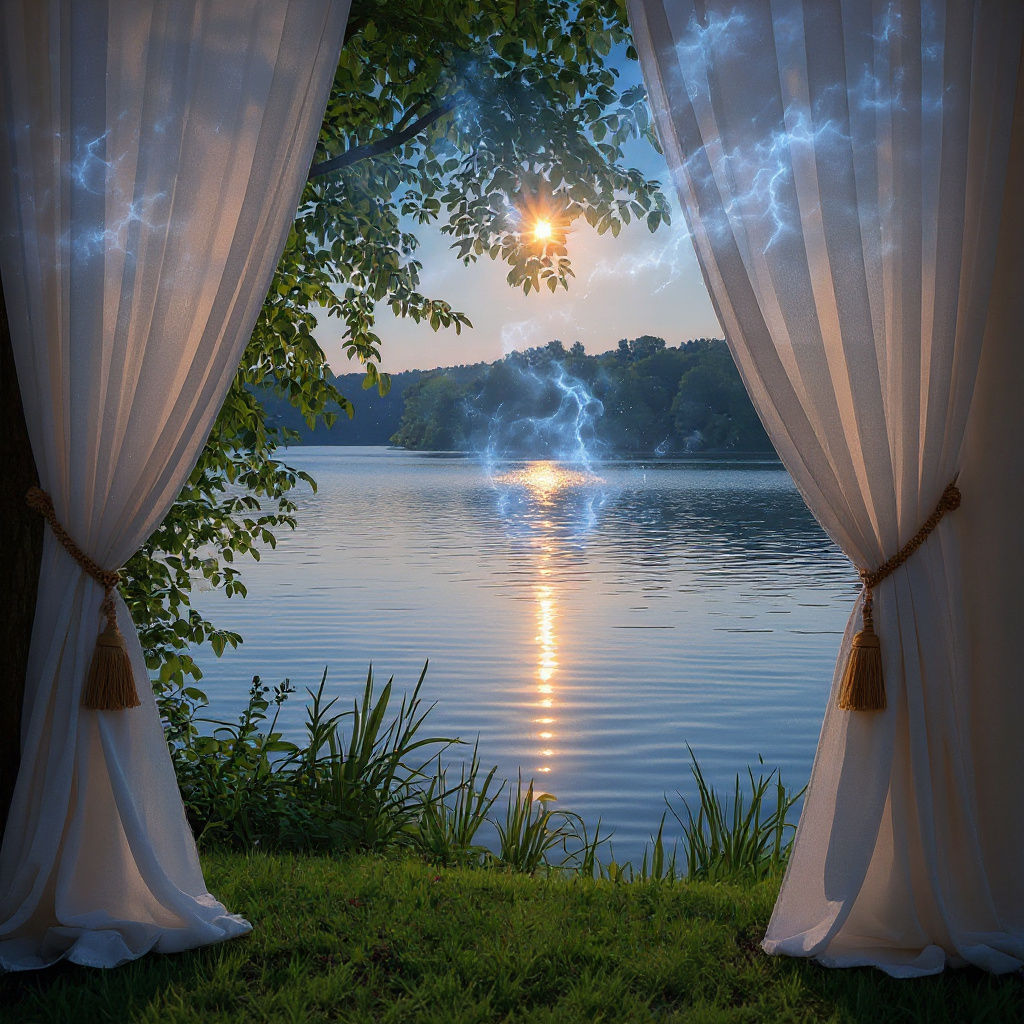 Heavenly Lakeside View Through Curtains in Golden Sunlight
