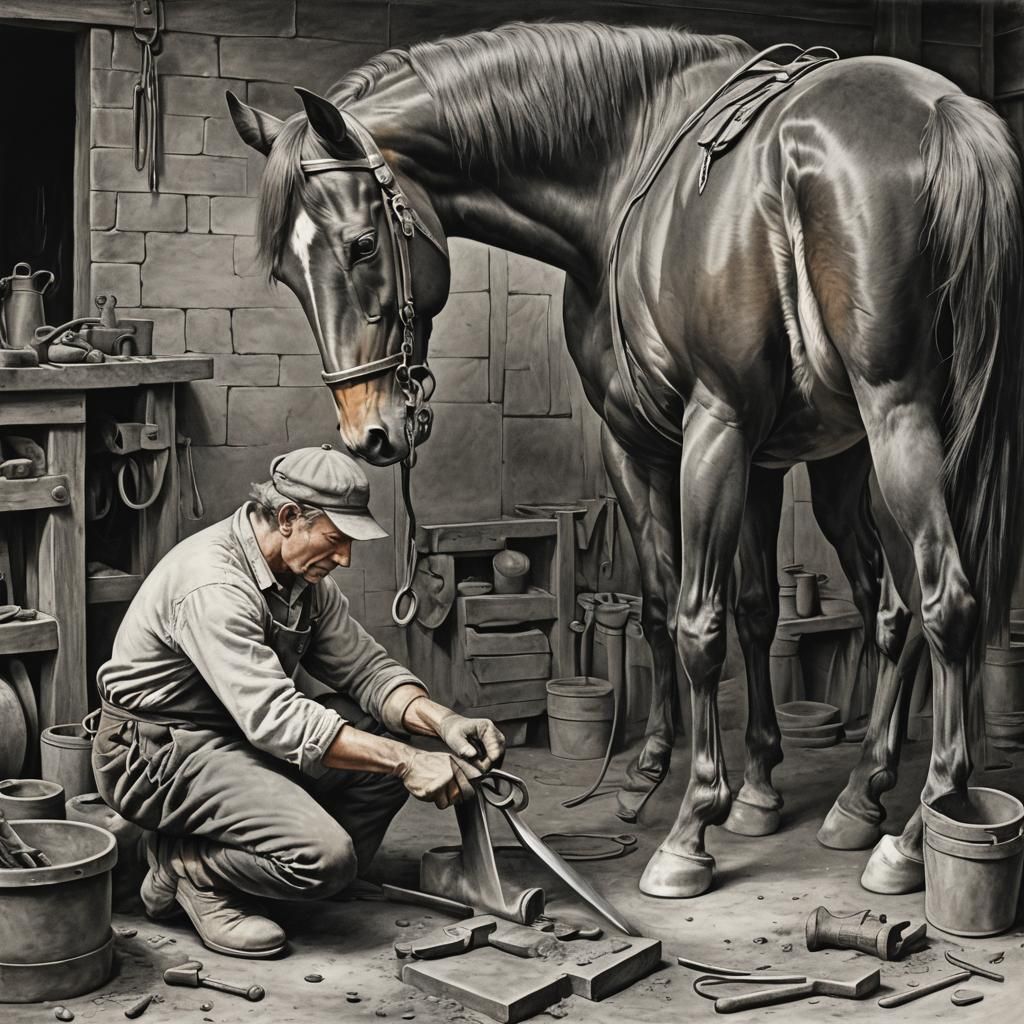 Blacksmith shoeing a horse