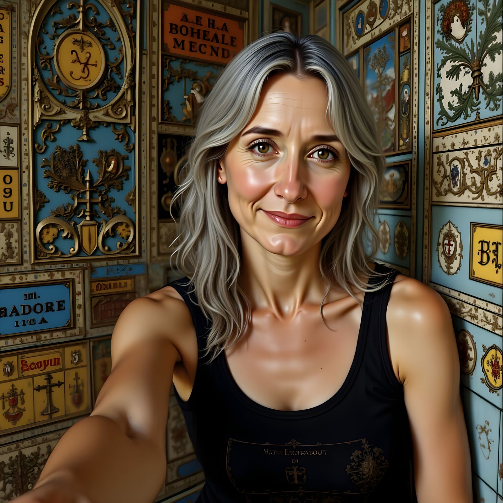 Woman Posing for Selfie Against Mosaic Wall