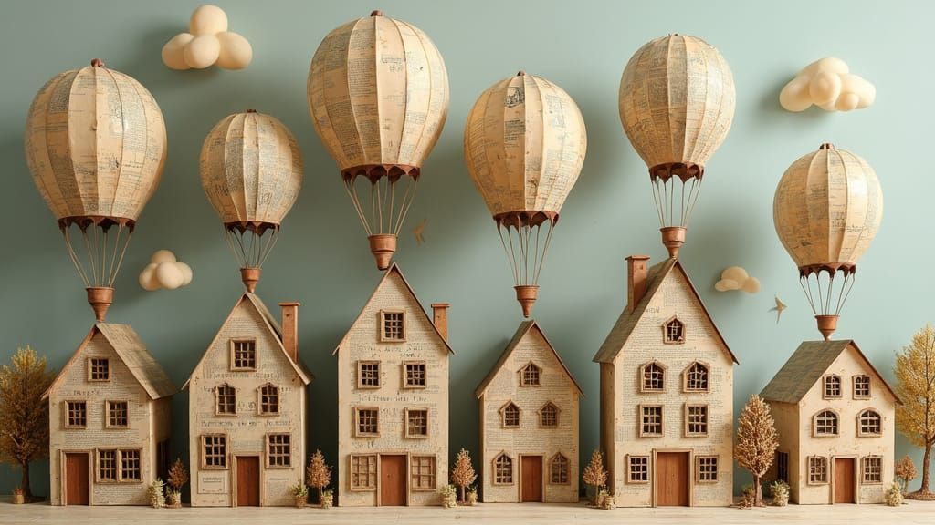 Whimsical Paper Mache Birds Soaring Over Literary Houses