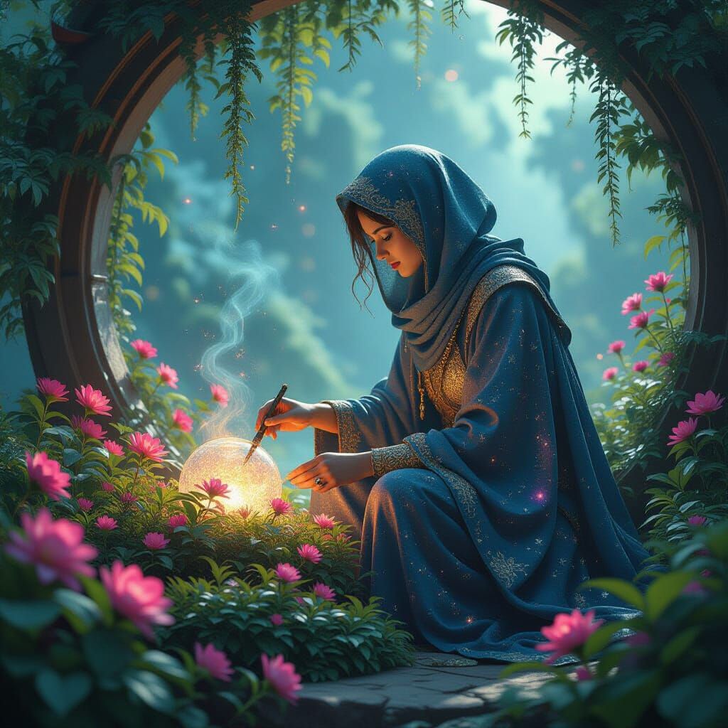Celestial Botanist in Cosmic Garden, Dark Fantasy Style