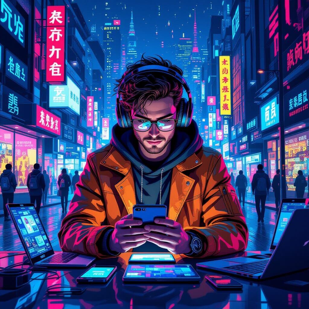 Tech-Integrated Life in Futuristic City, in Syd Mead Style