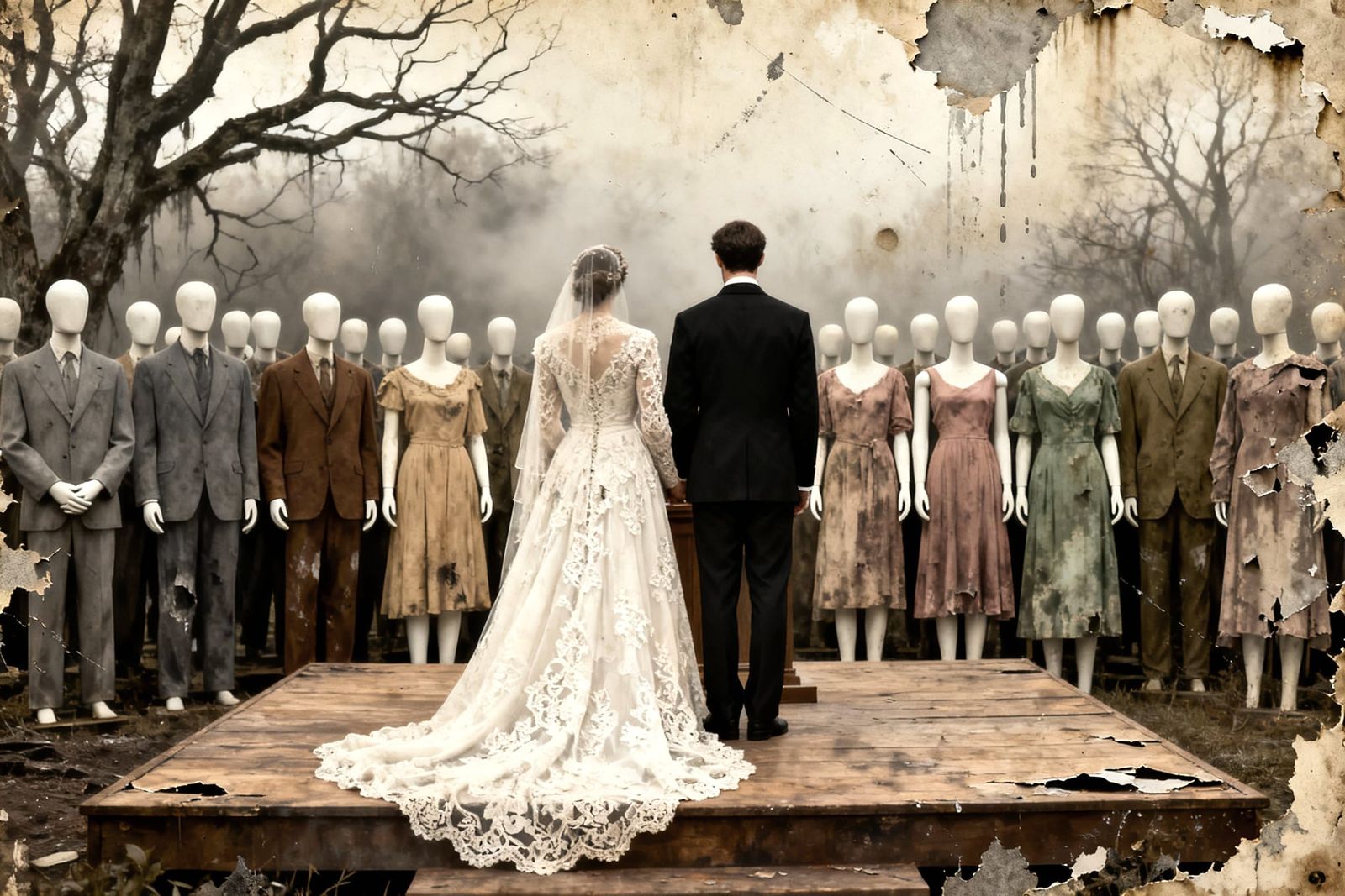 Bride and Groom Facing Featureless Mannequin Wedding Guests